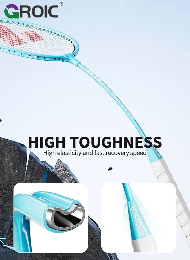 GROIC مجموعة مضارب كرة الريشة، تشمل 2 مضرب، 3 كرات، 2 شريط قبضة مضرب، 1 حقيبة حمل، خفيفة الوزن وأداء عالي للرياضة، التدريب والترفيه، أسلوب أزرق ووردي، مضرب كرة الريشة - Image 5